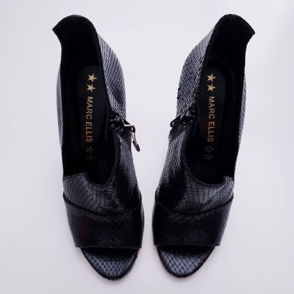 Marc Ellis Black Leather Snake Embossed Open Toe Bootie - Picture 3 of 7